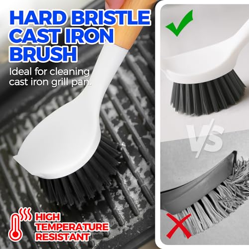 Holikme 3 Pack Dish Brush Set with Bamboo Handle, Kitchen Brushes for Cleaning Pot, Sink and Stove, Skillet Scrubber with Tough Bristles for Cast Iron Grill Pan, White Yellow Black