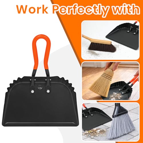 (2PK) Metal Dust Pans Heavy Duty, 12” Outdoor Dustpan with Rubber Handheld Handle, Large Shovel Wide Scoopers for Garage Shop Fireplace Commercial Uses