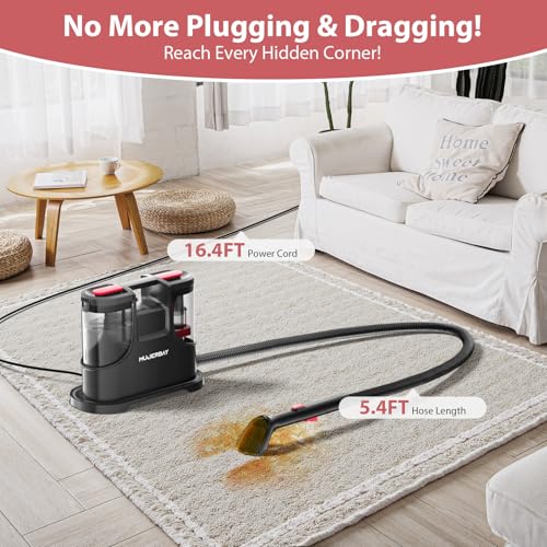 Upholstery Carpet Cleaner, MUJERBAY 15Kpa Portable Spot and Stain Cleaner Shampooer, Easy Move with Handle, 1.5-inch Deep Cleaning Machine for Couch, Stairs, Car and Pet Messes.