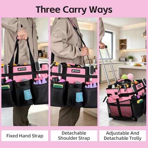 VSHXENG Large Rolling Cleaning Caddy Bag with Wheels, with Detachable Trolley, Cleaning Bags on Wheels for Housekeepers, Cleaning Cart Supplies Organizer for Home, Car, Picnic (Pink)