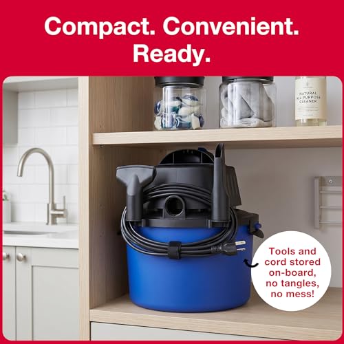 Koblenz Wet Dry Vacuum Cleaner, 2 Gallon 2.0 PHP, 60 CFM, 10 ft Reach, Twist-N-Lock Hose, Small Shop Vac, Portable Shop Vac for Home Car Garage Workshop, Accessories Included, Blue/Black, WD-2L