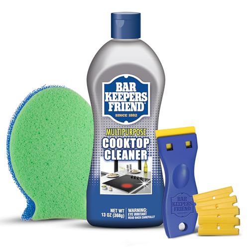 Bar Keepers Friend Cooktop Cleaner + Scraper + Dish Fish - Multipurpose Liquid Stovetop Cleanser, Safe for Use on Glass or Ceramic Cooking Surfaces, Copper, Brass, Chrome, Stainless Steel & Porcelain