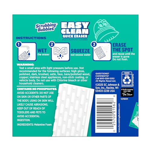 Scrubbing Bubbles Easy Clean Quick Eraser, Multipurpose Durable Bathroom Cleaner Sponge for Shower and Tub Tiles, Sinks, Faucets, Counters, Toilets, Glass Doors & More, 8 Pack Case (32 Erasers Total)