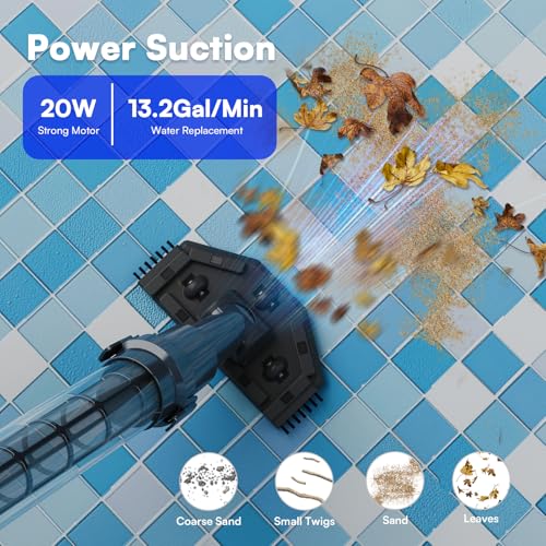 PoolMr Handheld Pool Vacuum for Above Ground Pool & Hot Tub Vacuum, with 2 Brush Heads, 90 Mins Running Time, 13.2 Gallons/Min Powerful Suction, Ideal for Cleaning Debris and Sand Underwater, Black