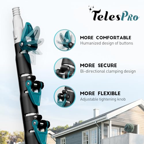 TelesPro 20 Feet High Reach Window Squeegee with 5-12Ft Extension Pole, Window Cleaner Tool with 3-Stage Telescoping Pole, Window Cleaning Kit with Rotatable Head (2 Squeegee & 2 Microfibre Cloths)