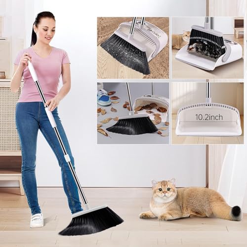 OPTTIDI Broom with Dustpan Combo Set, Hand Broom and Dustpan Set for Sweeping Indoor Angle Broom for Home Office Kitchen Lobby Floor Pet Hair Indoor&Outdoor Cleaning (White&Gray)