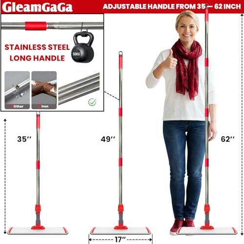 GleamGaGa Professional Microfiber Flat Mop for Floor Cleaning, 62" Stainless Steel Handle, 4 Reusable Machine Washable Mop Pads for Wet & Dry Mopping on Hardwood, Laminate, Vinyl & Tile Floors