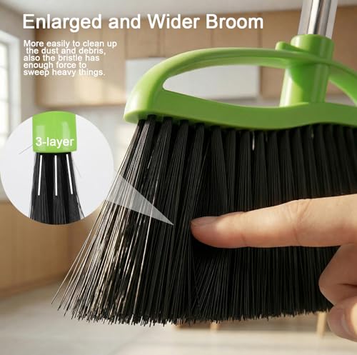 Soft Bristles Green Angle Broom with Long Handle Indoor Sweeping Broom for Home Kitchen Hardwood Floor Cleaning