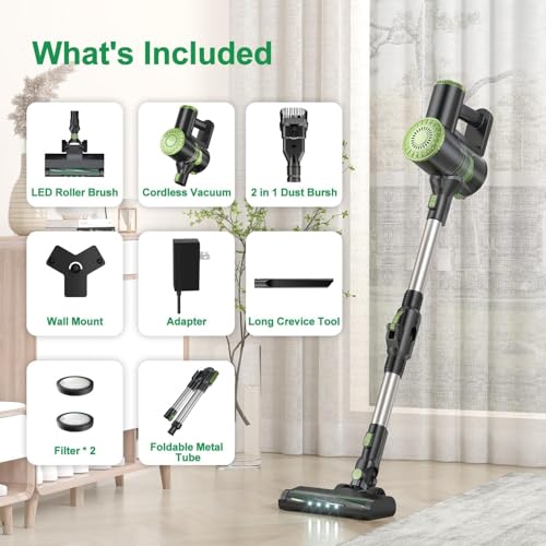 PRETTYCARELIFE Cordless Vacuum Cleaner, Lightweight Stick Vacuum Cleaner, 6 in 1, Self-Standing with Powerful Suction, 180° Bendable Wand Rechargeable Cordless Vacuum for Hardwood Floor (Green)
