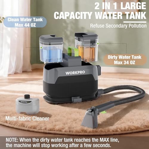 WORKPRO Portable Steam Carpet & Upholstery Cleaner Machine, 16KPa Suction with 4 Cleaning Modes, Spot Cleaner Machine with Heating System and Multi-Function Tools for Sofa, Pet Stains & Car Interior