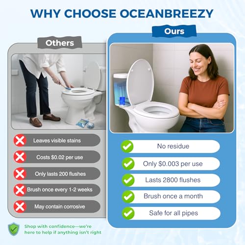 OceanBreezy Automatic Toilet Bowl Cleaner Bottles, 2 Pack In-Tank Toilet Cleaner for Stain Build-Up Prevention, Blue Long-Lasting Toilet Tank Cleaner, Septic Safe, Fresh Scent, Up to 3 Months Each