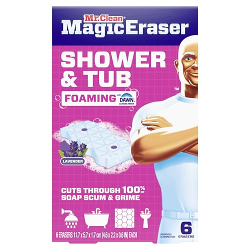 Mr. Clean Magic Eraser Sponge, Bathroom, Shower, Tub Cleaner, Soap Scum Remover, Bathroom Cleaning Supplies, Dawn Cleaning Power with Lavender Scent, Shower & Tub, 6ct