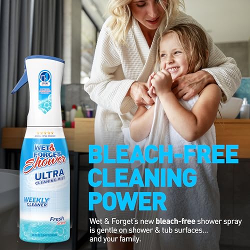 WET & FORGET Shower Ultra Cleaner Mist Fresh Scent No-Scrub Weekly Bathroom Spray for Fiberglass, Tile, Glass, Grout & More, 1 Spray and 1 Refill, 20oz each