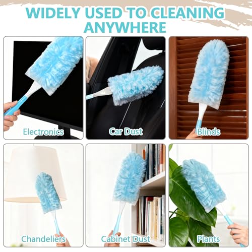 WAWINY 60 Pack Duster Refills Kit Disposable for Swiffer Duster Handle,360° Deep Cleaner Heavy Duty Replacement with 1 Handle,for Home, Blinds, Car, Pet, Furniture, Fans(Blue)