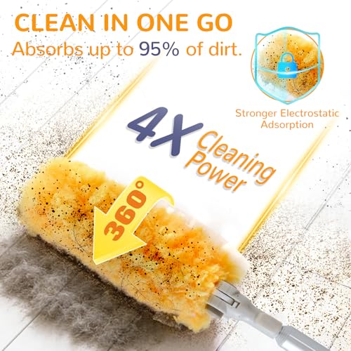 6 ft Heavy Duty Extendable Duster Handle with 50 Refills for Swiffer Duster, 360° Multi-Surface Dusters with 4X Cleaning Power for Home, Ceiling Fans, Windows, Dusting Hard-to-Reach Areas (Orange)