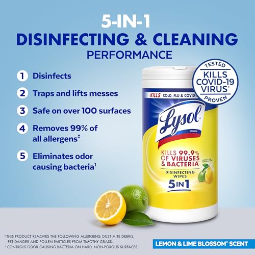 LYSOL Disinfecting Wipes, All Purpose Cleaner, Multi-Surface Antibacterial Cleaning Wipes, Household Cleaning Supplies, Dorm Essentials, Lemon & Lime Blossom Scent, 80 ct. (2 Pack)