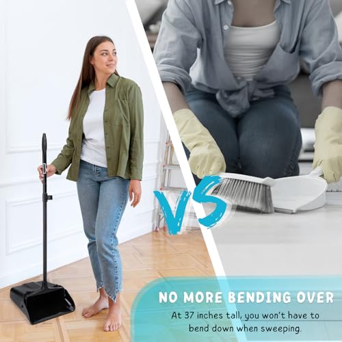Dustpan with Long Handle, 37’’ Upright Dust Pan, Heavy Duty Standing up Dustpans for Indoor, Outdoor, Home, Office, Commercial, Industrial, Shop