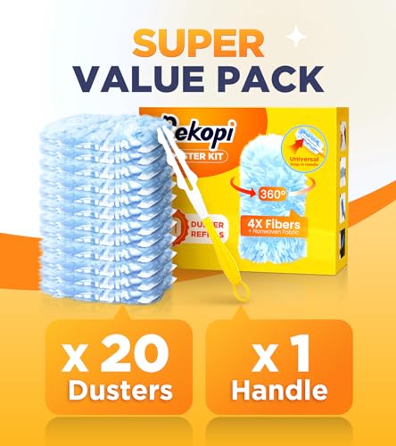 Heavy Duty Duster Refills for Swiffer Duster, 20 Count Duster Refills with 1 Handle, Multisurface 360° Dusters with 4X Microfibers, Unscented Disposable Dusters for Cleaning