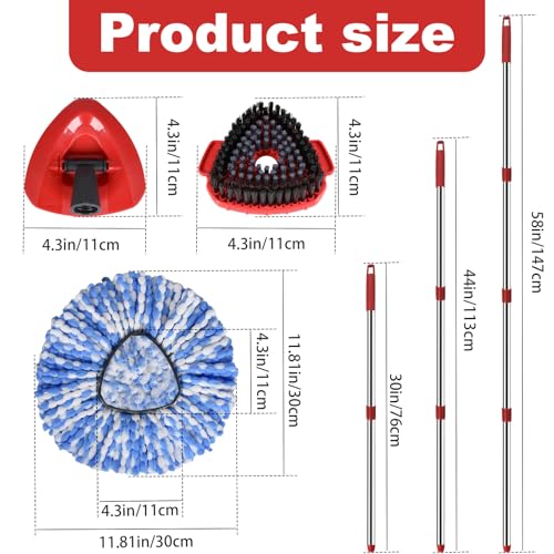Spin Mop Replacement Head Set for O Ceda Mop RinseClean 2-Tank System, 3 Pack Mops Heads Replacements + Scrub Brush + 30-58" Handle & Base, Microfiber Mops Head Floor Mop Refill Kit