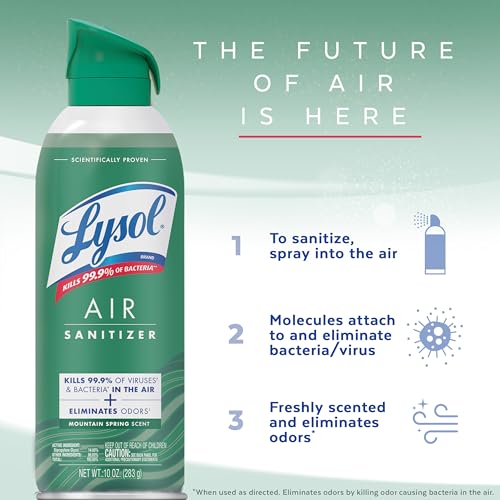 Lysol Air Sanitizer Spray with Bacterial Odor Eliminator for Home & Office, Sanitizing Air Spray, Air Freshener Alternative, Mountain Spring Scent, 10 oz (Pack of 3)