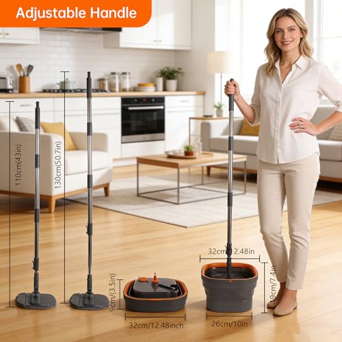 Collapsible Mop and Bucket Set, Spin Mop with Separate Dirty and Clean Water, 6 Replaceable Mopping Pads with Foldable Handle, Deep Cleaning Mops and Buckets for Household Use Floor Cleaning