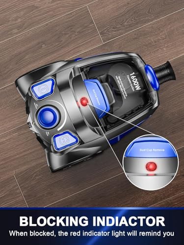 PKUYIE Canister Vacuum Cleaner, 40Kpa 1600W Cyclon Power Bagless Canister Vacuum Cleaners for Home, 3.7QT Large Dust Cup, Lightweight Vac for Hard Floors, Carpets, Pet Hair, Blue