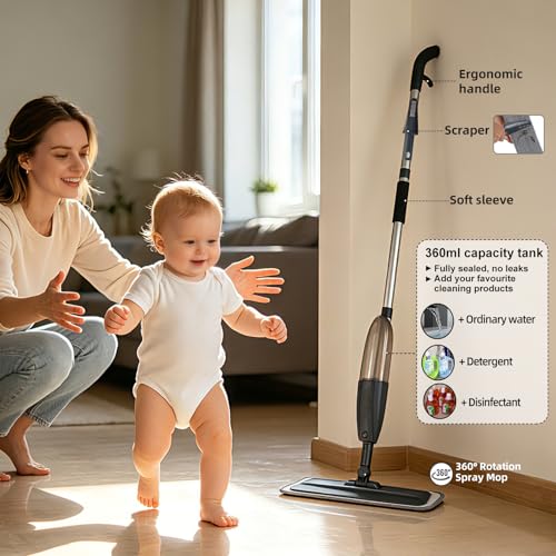 Spray Mop for Floor Cleaning with 360° Rotation - Multi-Surface Floor Cleaner for Wet/Dry Mopping Lightweight Handle for Kitchen Bathroom Hardwood&Tile Floors