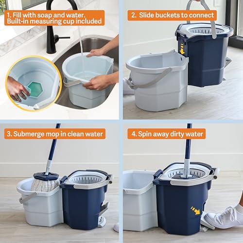 Casabella Clean Water Microfiber Spin Mop with 2-Bucket System, Antibacterial Spin Mop and Mopping Bucket Set, Blue/White