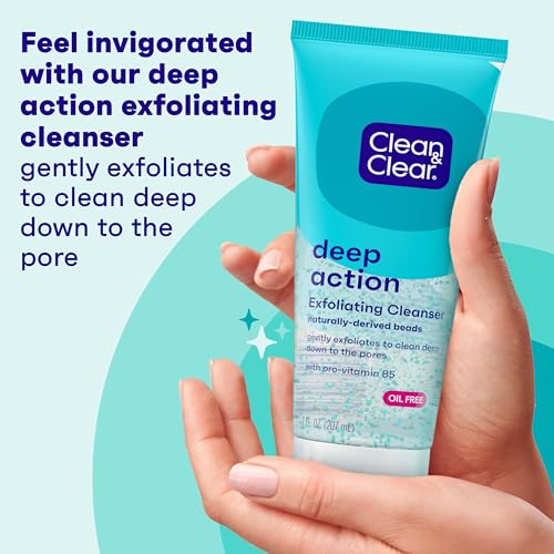 Clean & Clear Deep Action Exfoliating Facial Cleanser, Scrub & Face Wash, Pro-Vitamin B5, Lactic & Glycolic Acids, Oil-Free Gentle Daily Exfoliator for Soft, Smooth, Hydrated Skin, Vegan, 7 Fl Oz Tube