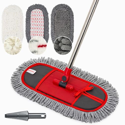 GleamGaGa Dust Mop for Floor Cleaning with 3 Washable Pads, 14.4” × 5.1” Flat Mop Head, 62” Stainless Steel Handle, Lightweight Multi-Surface Mop for Hardwood, Marble & Tile