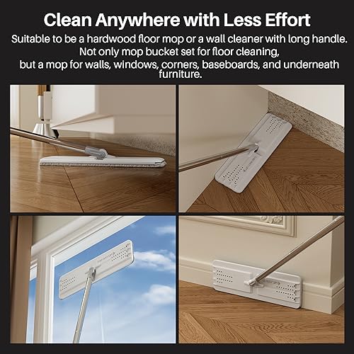 JOYMOOP Flat Mop System, Microfiber Mop and Bucket Set, White, Commercial & Household Use, Hardwood Floor & Wall Cleaning Mop with Long Handle, 4 Microfiber Pads
