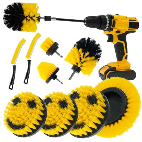 TOWBRUS 10 Pack Drill Brush Attachment Set, Drill Scrubber Brush Kit, Drill Cleaning Brush, Scrub Brush for Grout Floor Tub Shower Bathtub Tile Sink Toilet Bathroom Kitchen Car Yellow