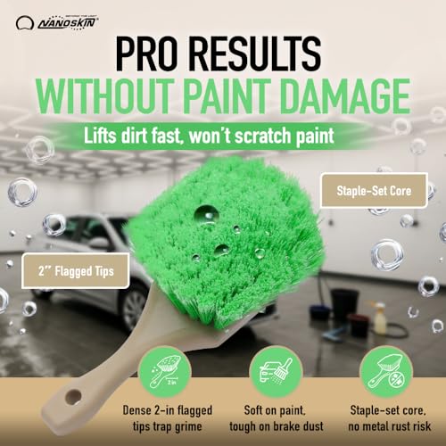 Nanoskin Pro-Grade 8.5" Car Detailing Brush - Durable Green Polystyrene Flagged Bristles, Acid Resistant, Gentle Surface Cleaning, Auto Wash, Tire & Wheel Scrub, Professional Automotive Detailer Tool