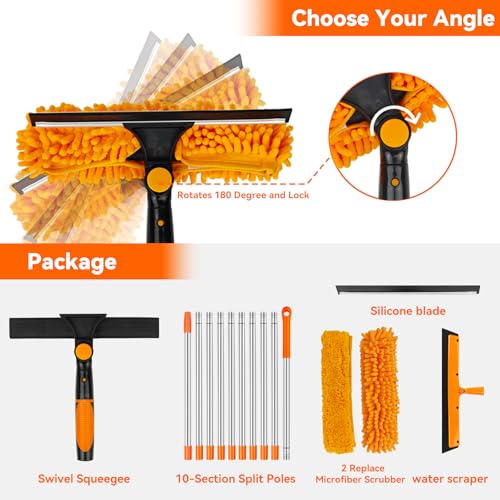 Window Cleaning Tools Window Squeegee: 2 in 1 Double-Sided Professional Cleaner Window Washing Kit with Extension Pole 20+ Ft Duster for High Ceilings Microfiber Scrubber for Indoor Outdoor High Glass