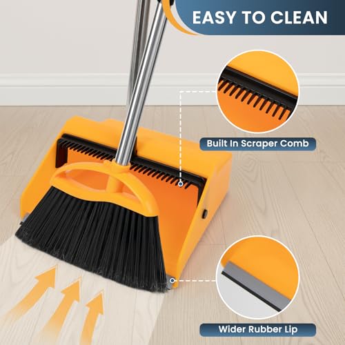 REEWII Large Broom and Dustpan Set，Long Handle Upright Dust Pan Outdoor Indoor for Courtyards, Garages, Lobbies, Shopping Malls, Market Floors, Sidewalks, Classroom Floor Cleaning