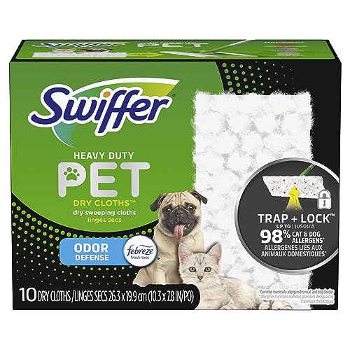 Swiffer Sweeper Pet Heavy Duty Dry Multi-Surface Cloth Refills for Floor Sweeping and Cleaning, Febreze Freshness, 10 Count