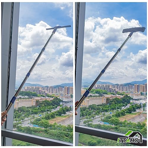 ITTAHO Window Squeegee with Extension Pole, Separate 12" Squeegee & 11" Microfiber Scrubber Heads, Window Cleaning Kit for Hard-to-Reach Windows, Shower Doors, Car Windshields, Indoor Outdoor-2 Pads