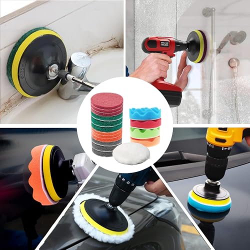 TOWBRUS 32 Pack Drill Brush Attachments Set Scrub Pads Sponge Buffing Pads Crevice Cleaning Brush for Home Bathroom Car Kitchen Corners Sink Stubborn Stains Tiles Car Polishing Kit