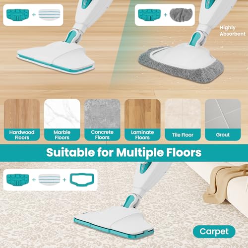 10-in-1 Steam Mop, 1550W Detachable Handheld Steam Cleaner with 350ML Tank for Floor Cleaning, 16FT Power Cable, 2 Washable Pads, Multi-Purpose Steamer for Hardwood, Carpet, Tile, Windows,Cyan