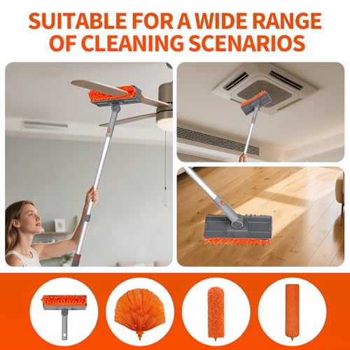Ceiling Fan Cleaner Duster with 72‘’ Extendable Long Handle Cleaning Duster Kit, Reusable Chenille & Microfiber Mop Head for High Ceiling Fan Blade Wall Blinds Cobweb