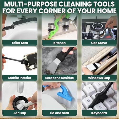 14 Pcs Crevice Cleaning Brush Set – Hard Bristle Cleaning Tools for Grout, Tile Floors, Gaps & Narrow Spaces – Multi-Purpose Grout Scrub Brush for Cleaning Bathroom, Shower, Window Tracks, Kitchen