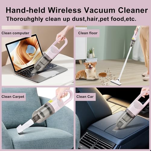 SIPPON 6-in-1 Lightweight Stick Vacuum Cleaner with 100W Powerful Motor, Mini Portable Household Handheld Vacuum Cleaner for Domestic Hard Floors, Carpets and Pet Hair(Pink Cordless)