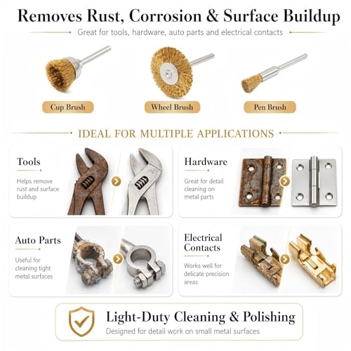 PHYHOO Brass Wire Brushes Cup Wheels Polish Cleaning Brush Kit Polishing Attachment Die Grinder Rotary Tools Accessories 3 MM Mandrel 60 Pieces