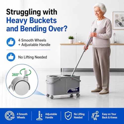 Compact Spin Mop for Apartments & Small Spaces, Clean & Dirty Water Separation Mop Bucket for Pet Owners & Daily Cleaning,360° Swivel Wheels, Safe for Hardwood & Tile, Adjustable Handle, 6 Mop Heads
