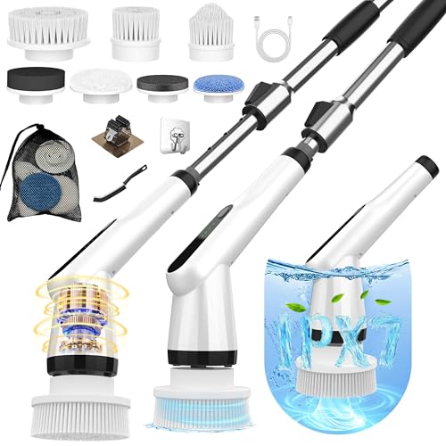 Dreazu Electric Spin Scrubber, 12-in-1 Shower Scrubber & Retractable Long Handle, 44 lbs High-Torque & Variable Speed Shower Cleaning Brush for Bathroom,Toilet, Bathtub, Kitchen, Tile Floors, Car