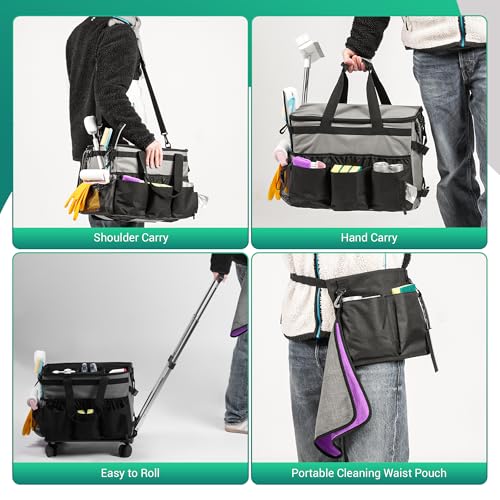 THKW Large Rolling Cleaning Caddy Bag w/Detachable Trolley & Lid - Portable Cleaning Cart on Wheels w/Shoulder Strap & Waist Pouch - Cleaning Supplies & Tool Organizer for Home, Office, Car (Gray)