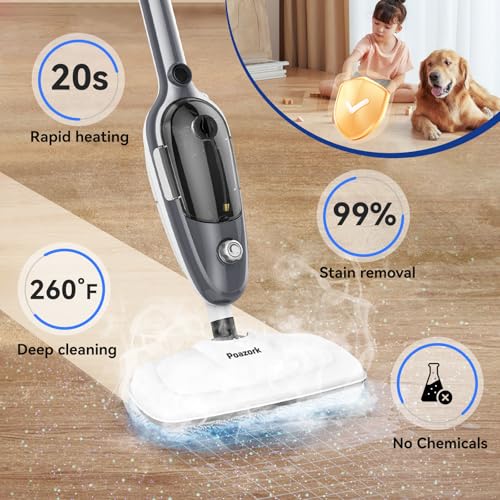 Poazork Steam Mop - All-in-one Detachable Floor Steamer with 11 Accessories, Multipurpose Steamer for Hardwood Floors, Clothes,Windows,Tiles,Carpet, Powerful Handheld Steam Cleaner for Home Use