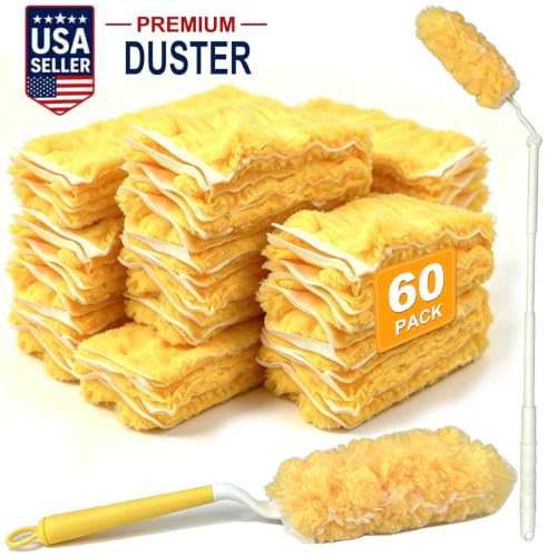 60 Count Heavy Duty Duster Refills for Swiffer, Multi Surface 360° Feather Duster with 2 Handle, Disposable Dusters Kit for Cleaning, Furniture, Blind, Ceiling Fan