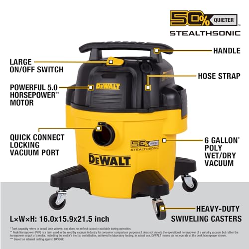DEWALT STEALTHSONIC Wet Dry Shop Vac 6 Gallon, Shop Vacuum Wet and Dry 5 HP, Ultra Quiet Shopvac with Powerful Suction, Wet Dry Vacuum Cleaner for Home, Garage, Workshop, Jobsite, DXV06P-QT