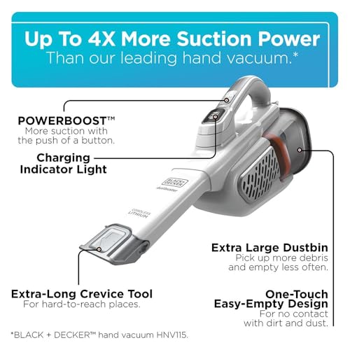 BLACK+DECKER Dust Buster Hand Held Vacuum Cordless Rechargeable, Portable Vacuum for Car, Extended Runtime, Powerful Suction, Extra Long Crevice Tool, AdvancedClean+ (HHVK320J10)